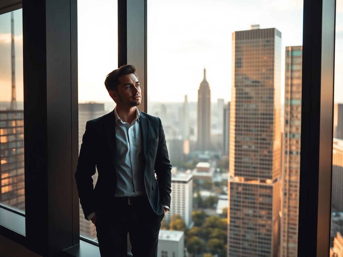 A professional beside a large office window overlooking a city skyline