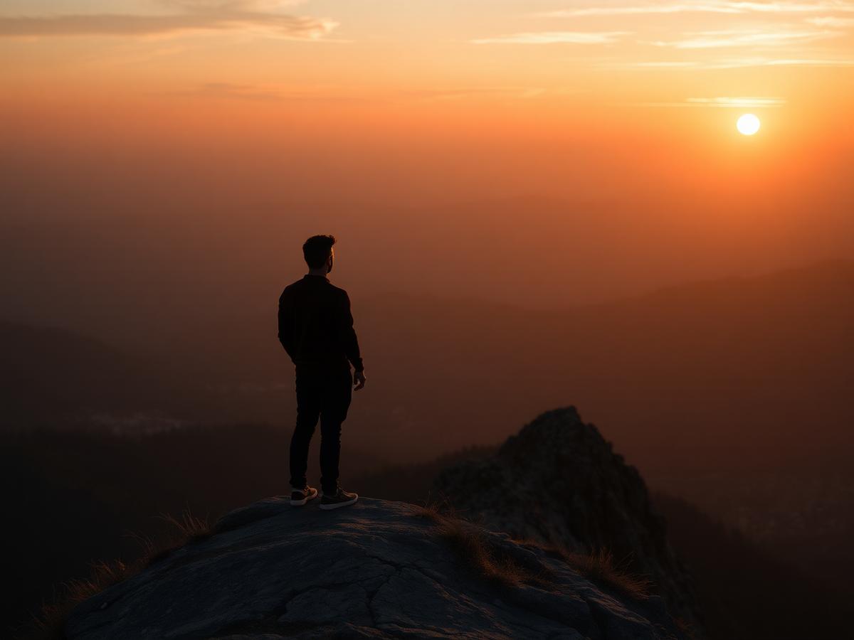 A person on a mountain ridge at sunrise, looking toward the horizon