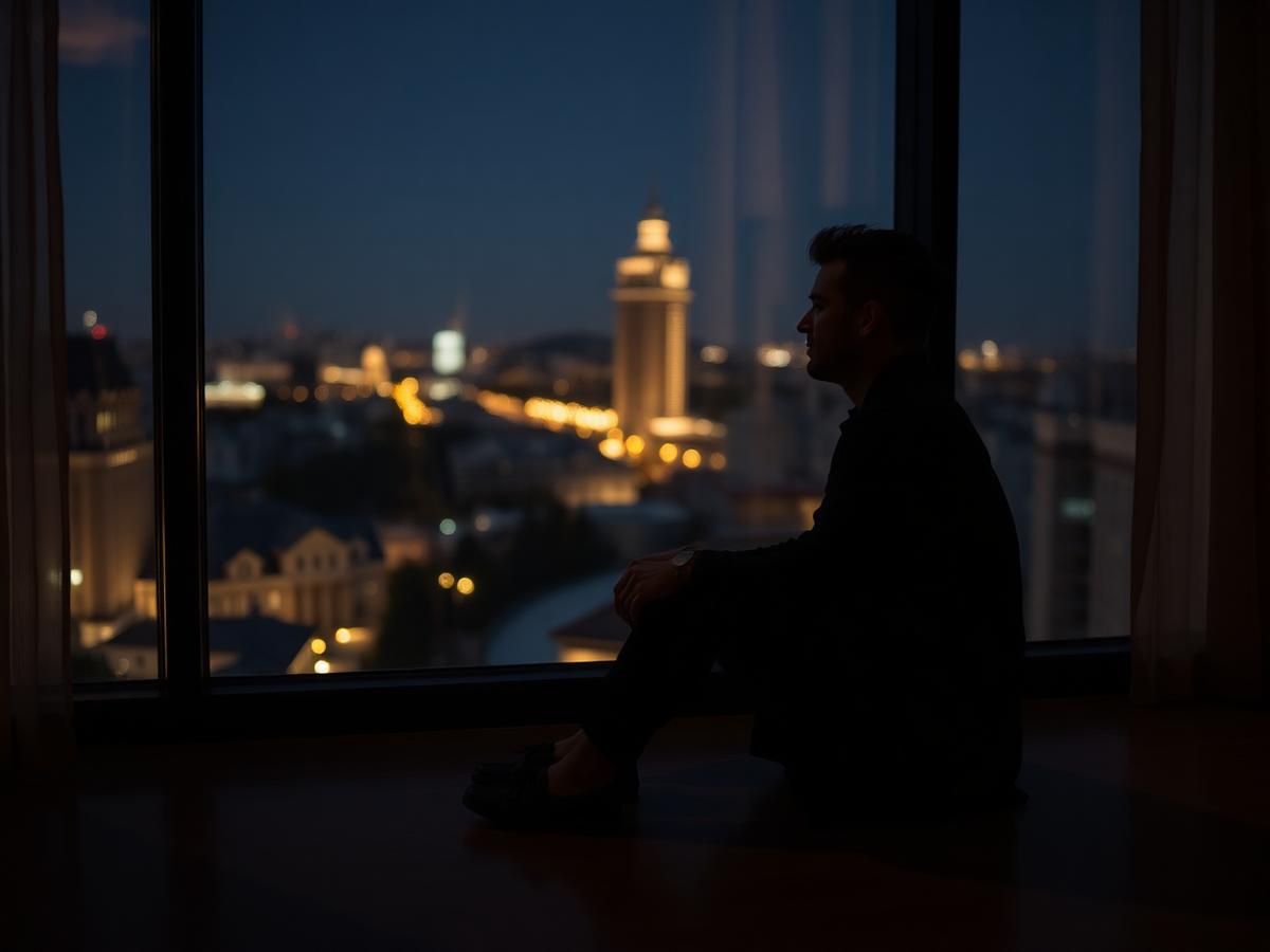 A person sitting beside a window at night, softly lit by city lights
