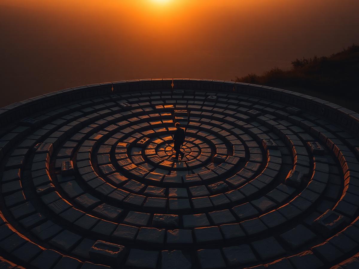 A person walking through a circular stone labyrinth at sunrise