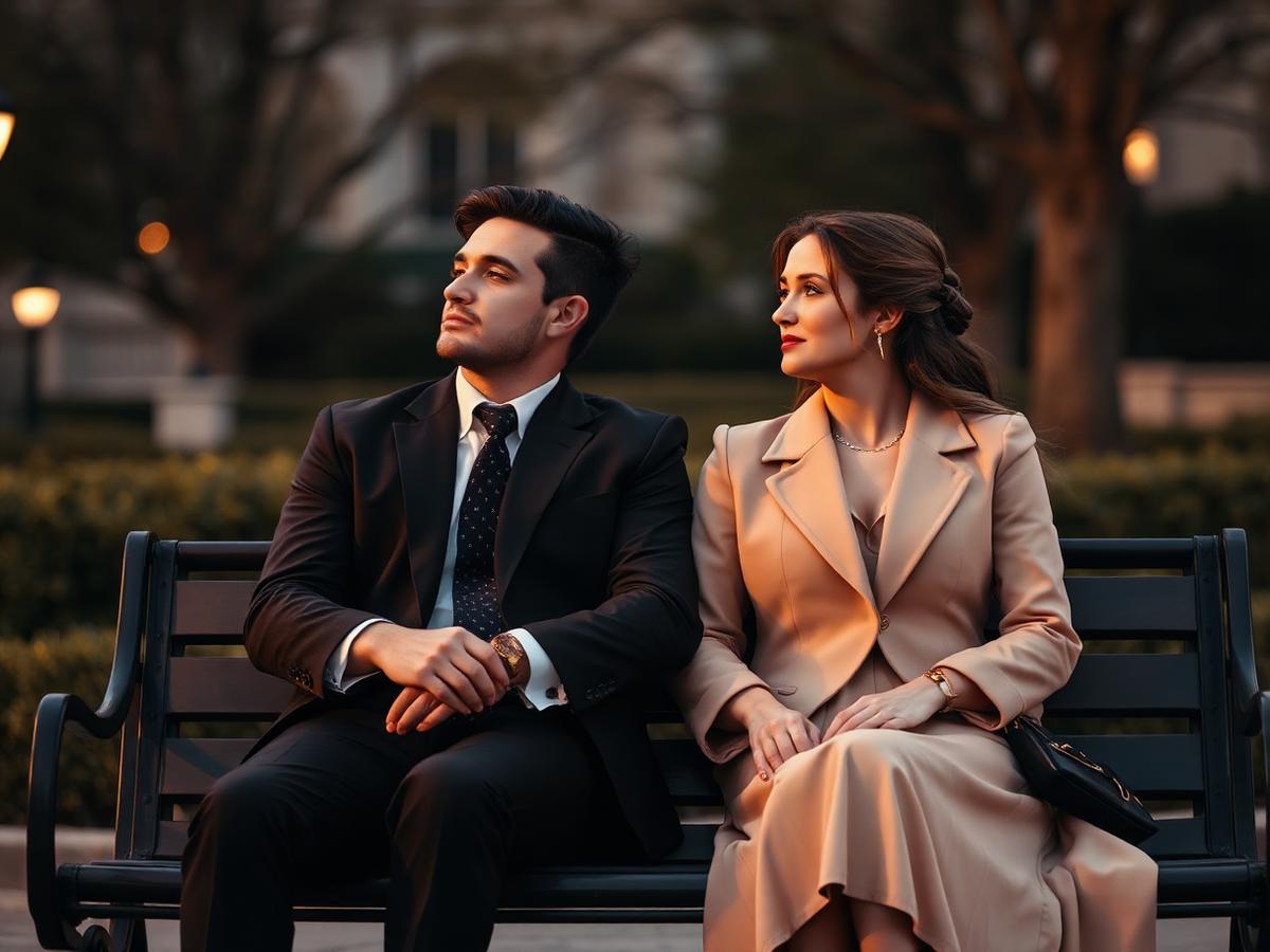 A well-dressed couple on an elegant bench, looking in opposite directions